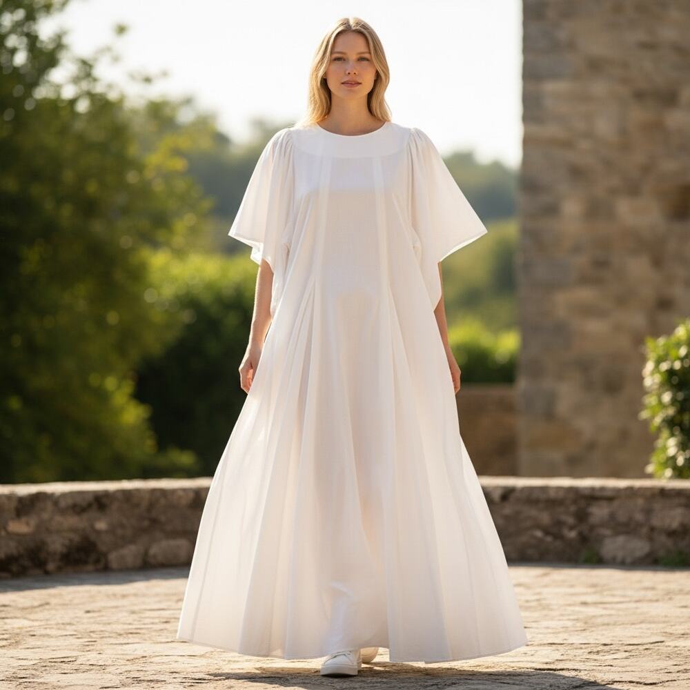 Elegant White Maxi Dress with Flowing Cape Sleeves